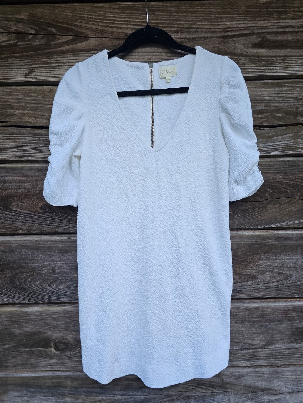 Deletta Anthropologie White Textured V-Neck Dress Size Medium Ruched Sleeve Mini